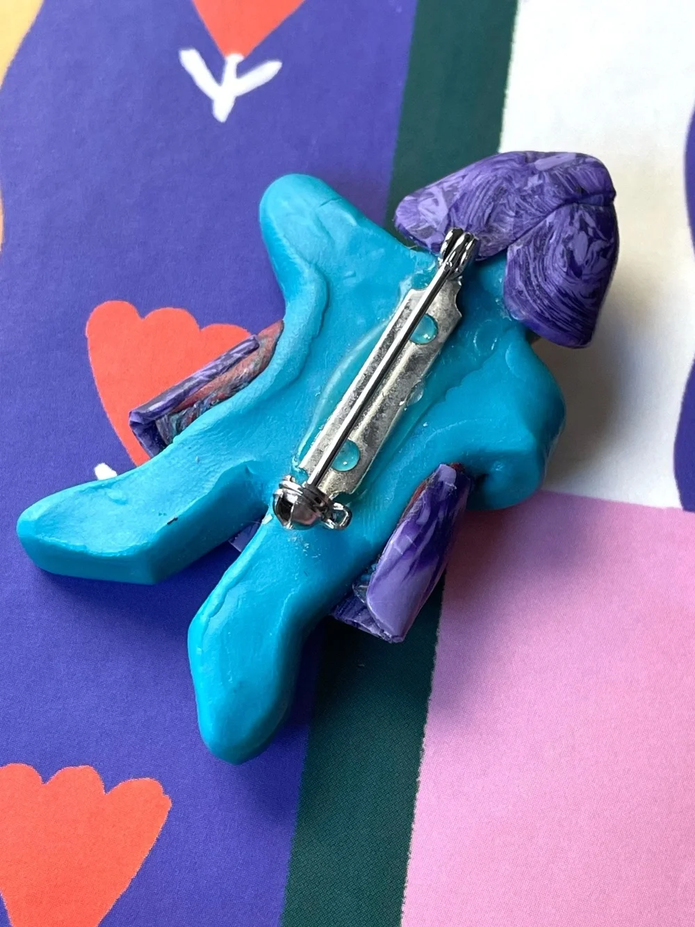 Adorable vintage/style polymer clay girl child brooch w/ hearts